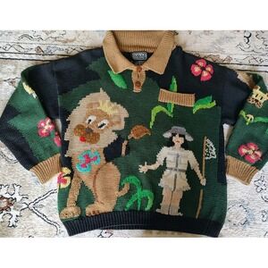 Vintage Berek Marta D Safari Sweater Pullover Medium Collar Rare 80s/90s Novelty